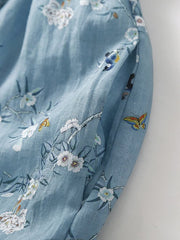 Floral Short Sleeved Waistband Cotton Linen Dress