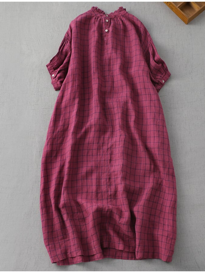 Lovevop Cotton And Linen Plaid Loose Standing Neck 3/4 Sleeve Dress