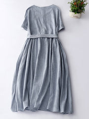Lovevop Simple Literary Jacquard Mid-Length Short-Sleeved Dress