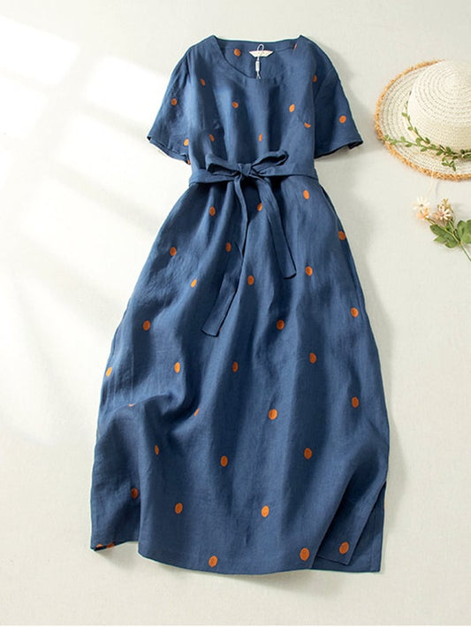 Lovevop Cotton And Linen Printed Polka Dot Artistic Waistband Dress