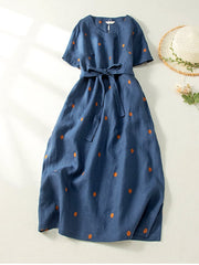Lovevop Cotton And Linen Printed Polka Dot Artistic Waistband Dress