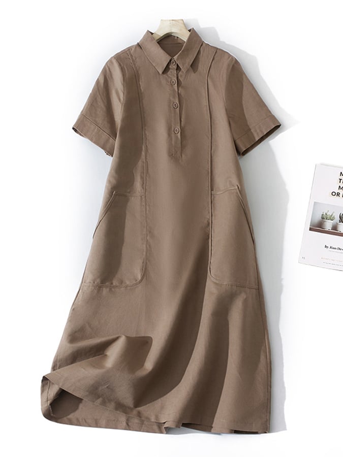 Lovevop Loose Solid Cotton Linen Lapel Short Sleeve Dress