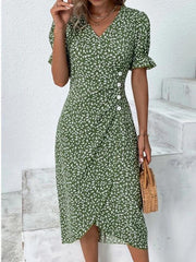 Short Sleeve Green Floral Print Button Front Midi Dress