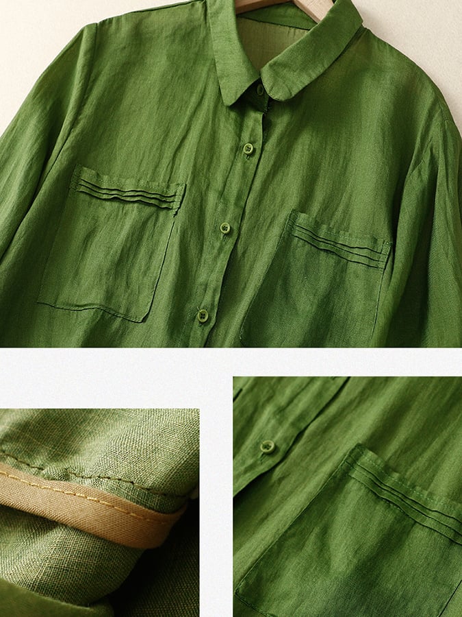 Lovevop Vintage Art Loose 3/4 Sleeve Solid Color Shirt