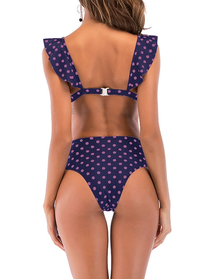 Women'S Ruffled Polka Dot Print Deep V2 Piece Bikini