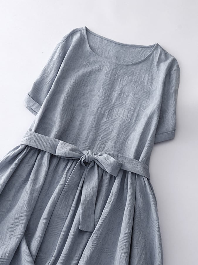 Lovevop Simple Literary Jacquard Mid-Length Short-Sleeved Dress