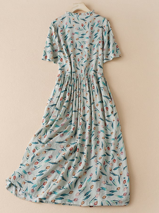 Lovevop Cotton And Linen Printed Artistic Waistband Dress