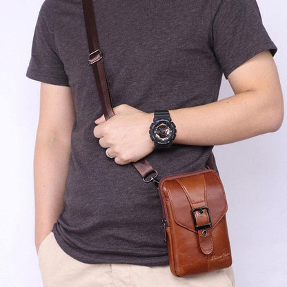 lovevop Men Genuine Leather Vintage Multifunctional 6.5 Inch Mini Phone Bag Crossbody Bag Waist Bag Cowhide Bag