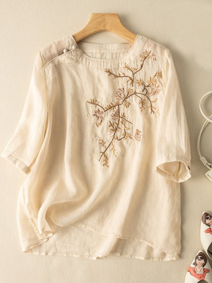 Lovevop Cotton Ethnic Style Embroidered Round Neck Loose Shirt