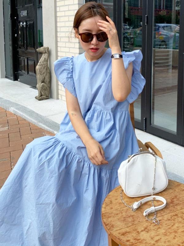 lovevop Crew Neck and Fungus Trim Paneled Pleated Fly Sleeve Dress