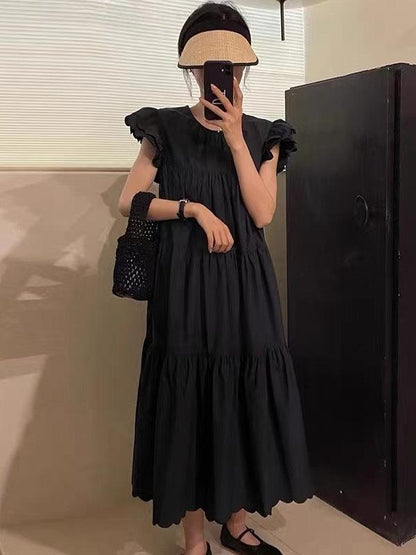 lovevop Fly-Sleeve Crew Neck Pleated Dress