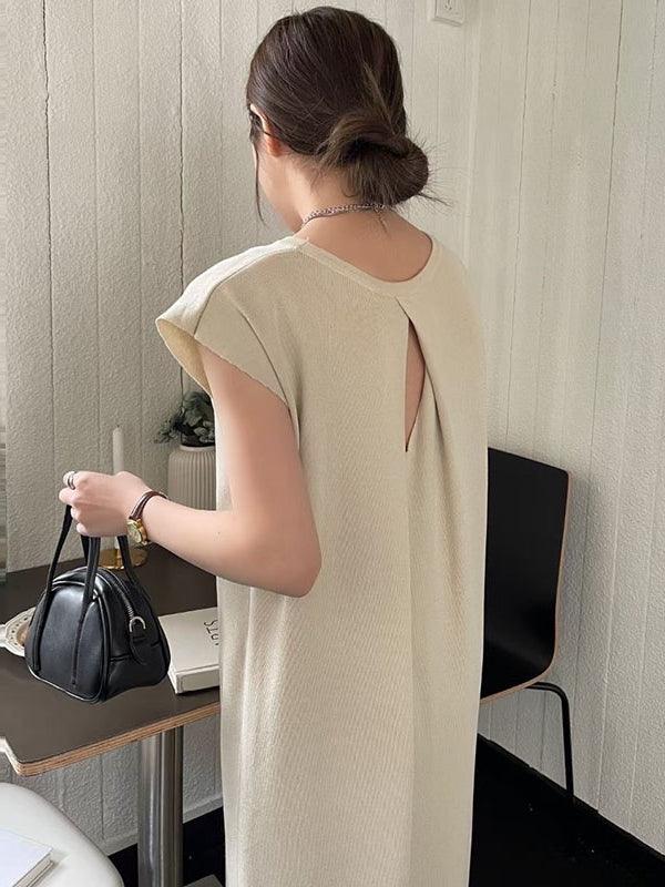 lovevop Simple Round-neck Open Back Hollow Sleeveless Dress