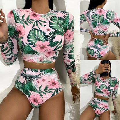 Split Long Sleeve Zipper High Waist Swimsuit