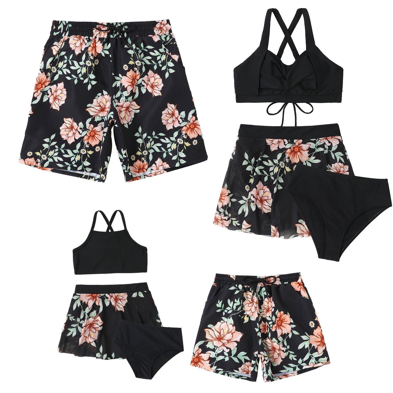 「🎁Father's Day Sale - 50% OFF」Family Matching Black Floral Printed Swimsuits