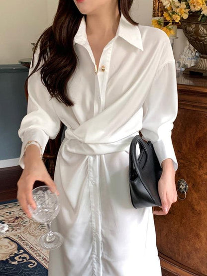 lovevop Lapel Cross-Tie Balloon Sleeve Shirt Dress