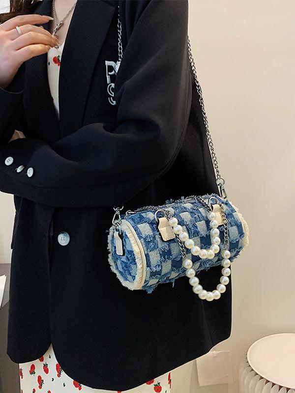 lovevop Stylish Pearl Chain Panel Denim Bag