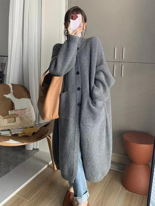 lovevop Solid Color Coat Mid Length Turtleneck Cardigan Sweater