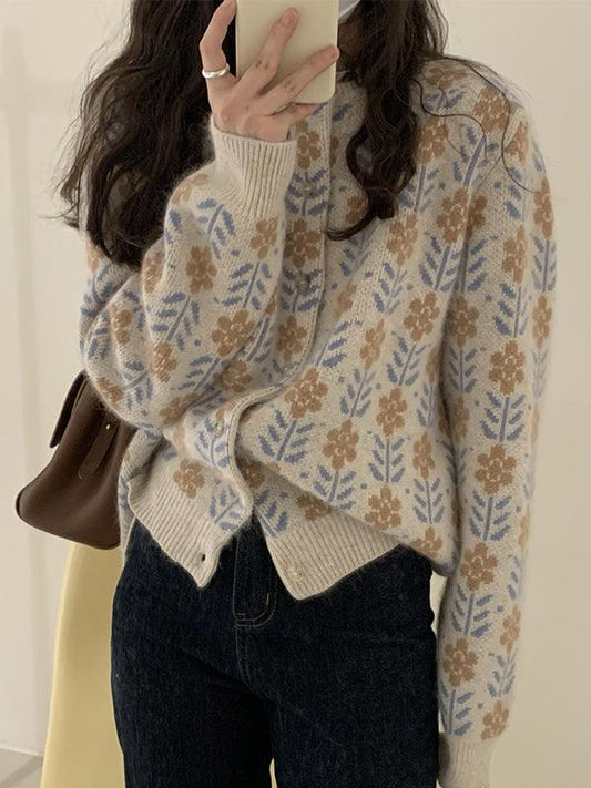 lovevop Floral Round Neck Long Sleeve Loose Sweater Cardigan