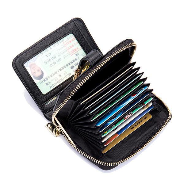 elvesmall Women Genuine Leather Zipper Card Holder Chain Lock Short Purse Wallets