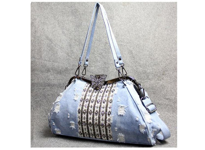 lovevop Light Blue Denim Butterfly Clip Diamond Crossbody Bag