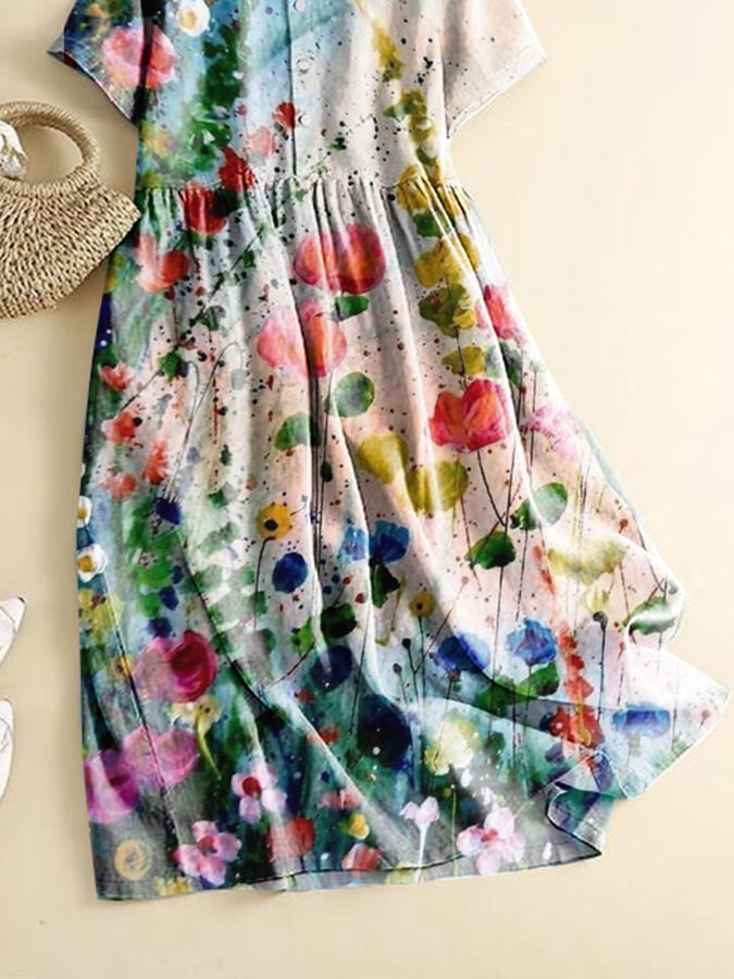 Lovevop Fashion Casual Art Oil Painting Floral Print Shirt Dress