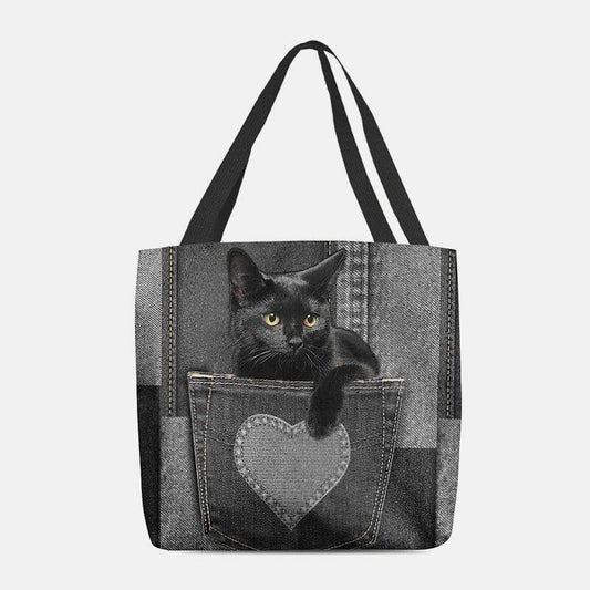 lovevop Women Felt Cute 3D Three-dimensional Black Cat Inside Jeans Pattern Shoulder Bag Handbag Tote