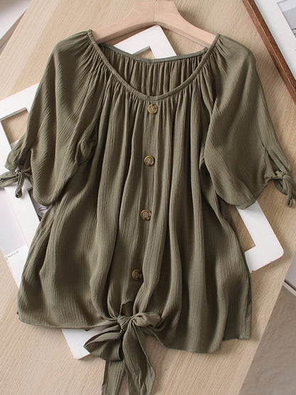 Lovevop Fashionable Pleated Lace Up Round Neck Shirt