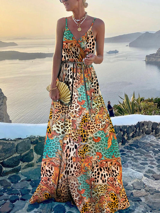 Fashion Print Sleeveless V Neck Resort Dress