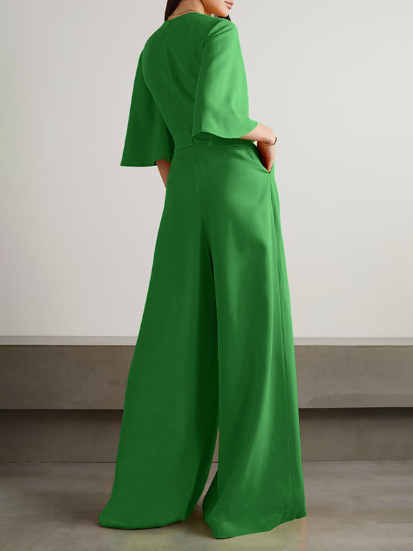 Love-vop - Loose Short Sleeves Solid Color Round-Neck Jumpsuits