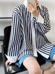 lovevop Simple Long Sleeves Contrast Color Striped Lapel Blouse Top