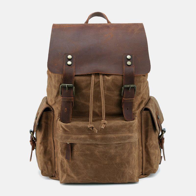 lovevop Men Canvas Genuine Leather Cowhide Retro Large Capacity 14 Inch Laptop Bag Waterproof Backpack