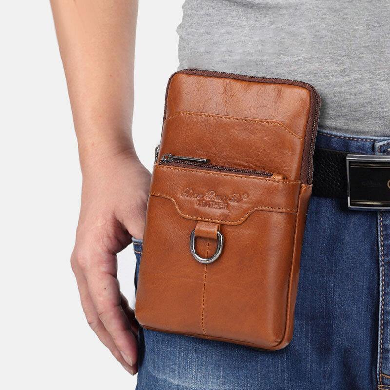 lovevop Men Genuine Leather Cowhide Vintage Business 6.5 Inch Phone Bag Crossbody Bag Waist Bag Sling Bag