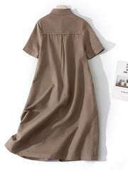 Lovevop Loose Solid Cotton Linen Lapel Short Sleeve Dress