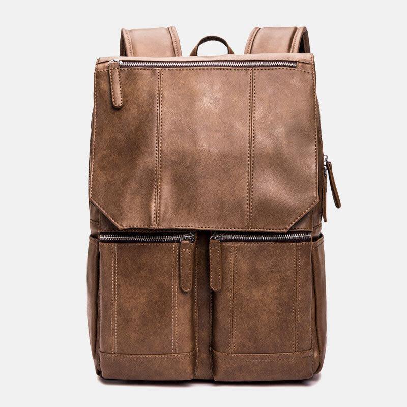 lovevop Men PU Leather Retro Business Casual Style Large Capacity 14 Inch Laptop Bag Student School Bag Travel Backpack