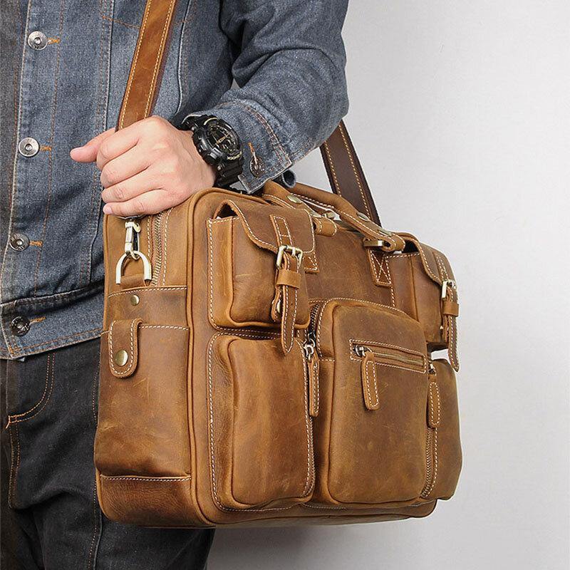 lovevop Men Genuine Leather Detachable Strap Large Multi-Pocket 15.6 Inch Laptop Bag Briefcase Messenger Bag Crossbody Bags