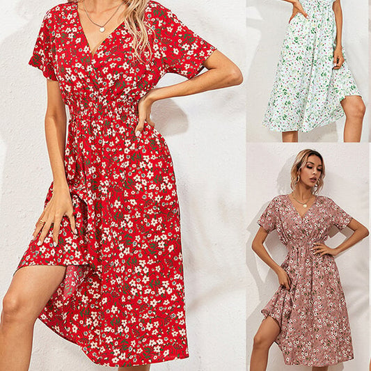 Women's Casual Floral Print V Neck Short Sleeve Summer Boho Beach Dress High Waist Long Maxi Dresses