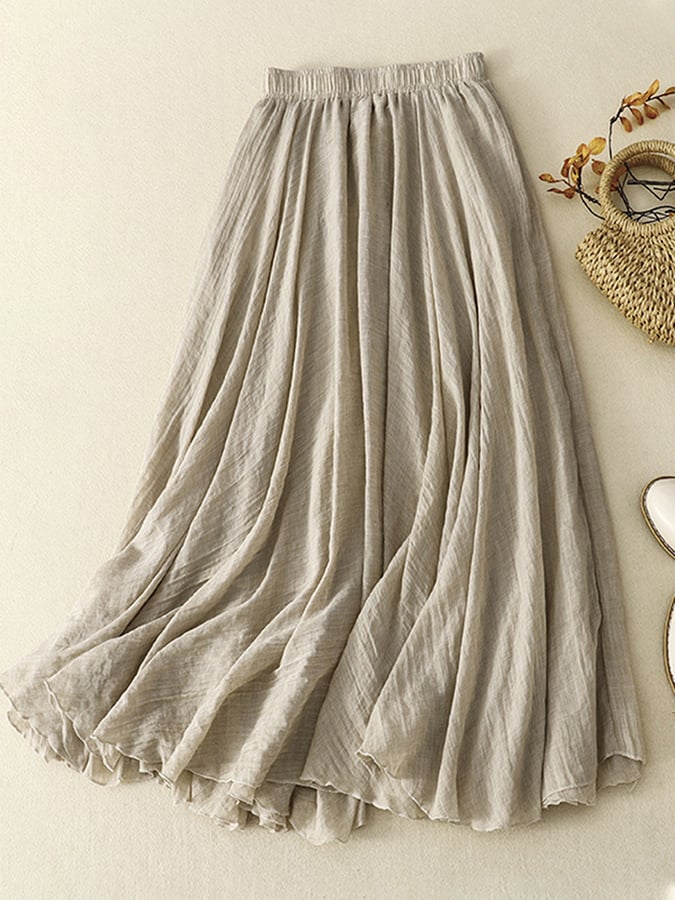 Lovevop Cotton Linen Elastic Waist Casual Swing Skirt