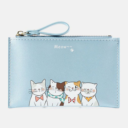 elvesmall Women Faux Leather Cute Cartoon Cats Printing Ultra-thin Card Case Coin Bag Wallet