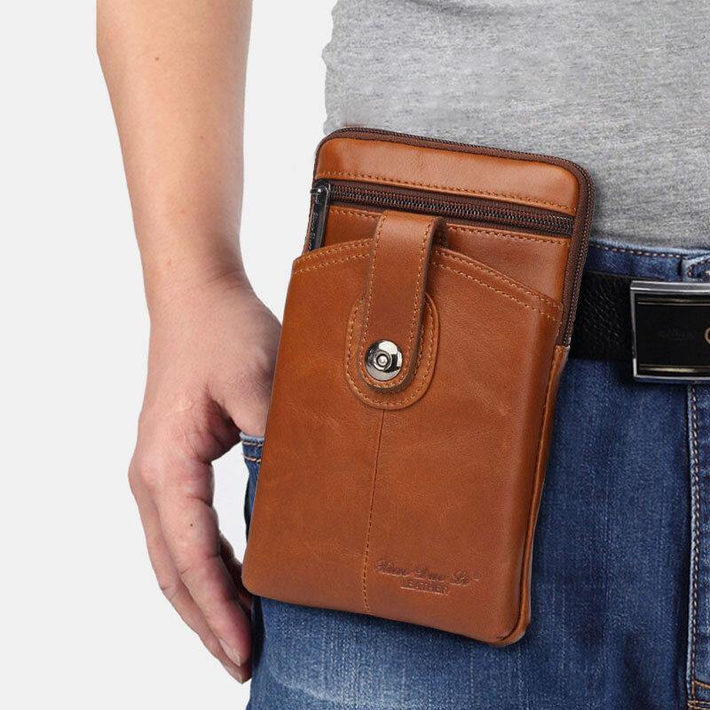 lovevop Men Genuine Leather Vintage Multifunctional 6.5 Inch Zipper Hasp Phone Bag Crossbody Bag Waist Bag