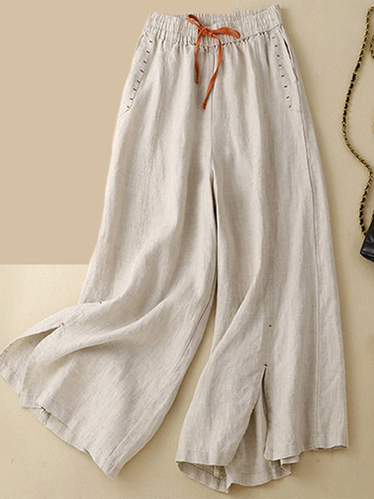 Lovevop Cotton And Linen Contrasting Color Drawstring Slit Loose Casual Pants