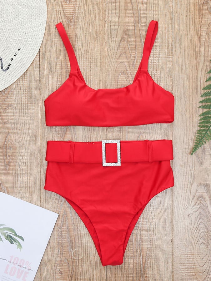 Pure Color High -waist Sexy Imitation Diamond Swimwear