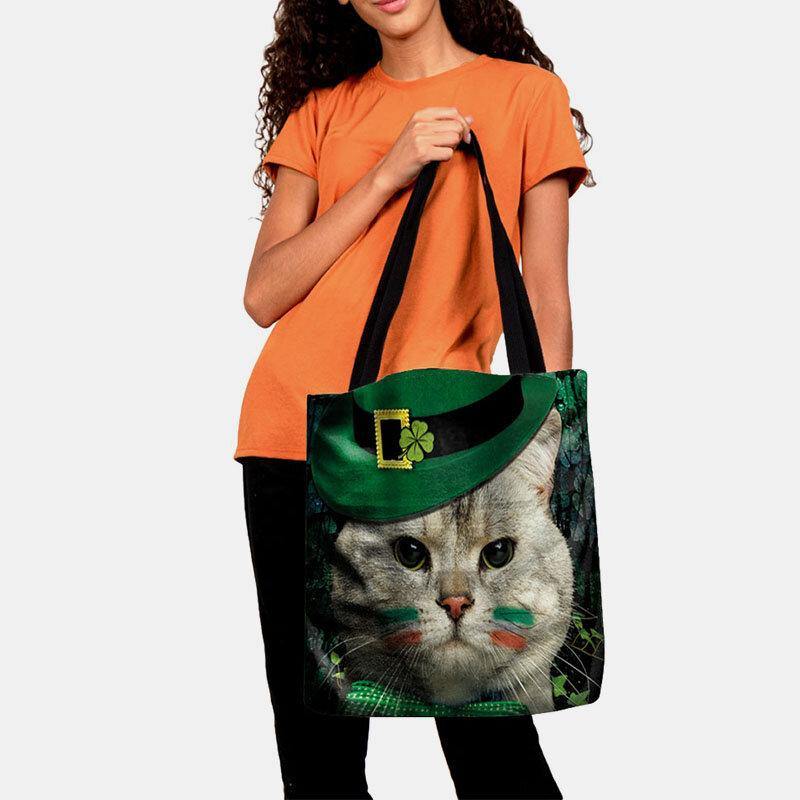 lovevop Women Clover Cat Pattern Print Happy St Patrick Day Shoulder Bag Handbag Tote