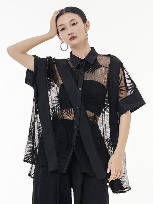 lovevop Stylish Loose Half Sleeves Buttoned Mesh Hollow See-Through Blouses&Shirts Tops