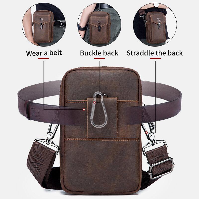 lovevop Men Genuine Leather Large Capacity Vintage 6.5 Inch Phone Bag Waist Bag Shoulder Bag Crossbody Bag