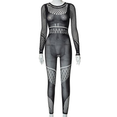 Black See Through Jumpsuits Sexy Holes Long Sleeve Bodycon Rompers Womens Jumpsuit Fall Winter Midnight Clubwear