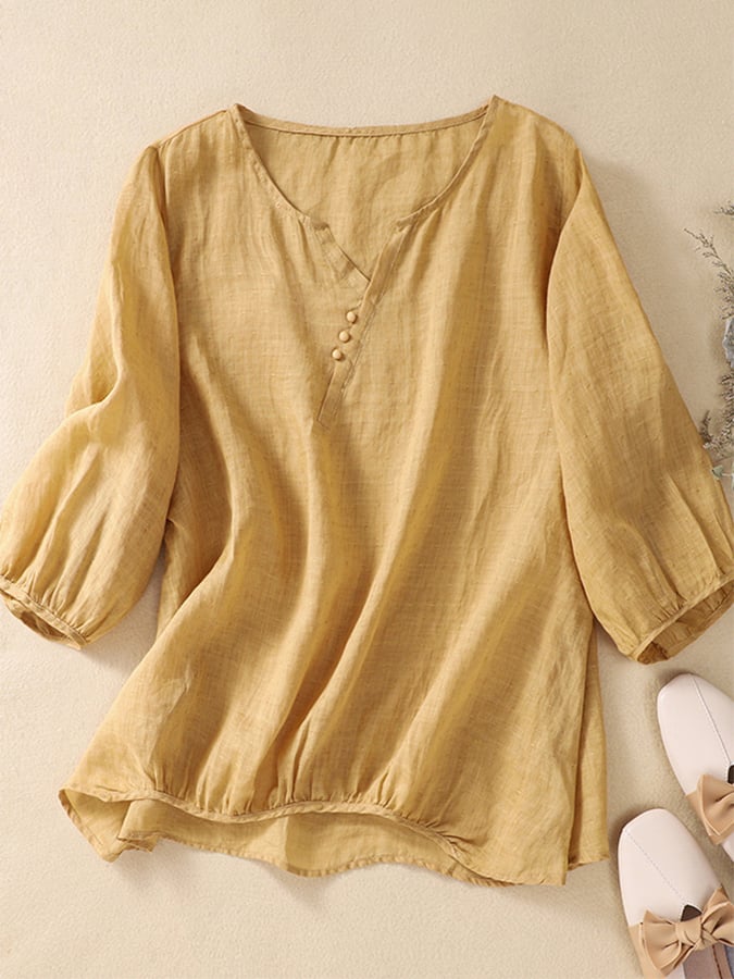 Lovevop Solid Color V-Neck Button Casual Top