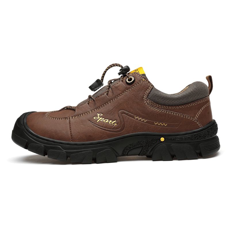 lovevop Men Genuine Leather Slip Resistant Elastic Lace Casual Outdoor Hiking Shoes