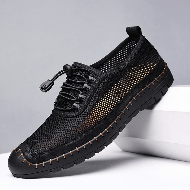 lovevop Men Mesh Breathable Hollow Out Hand Stitching Soft Bottom Closed Toe Casual Shoes