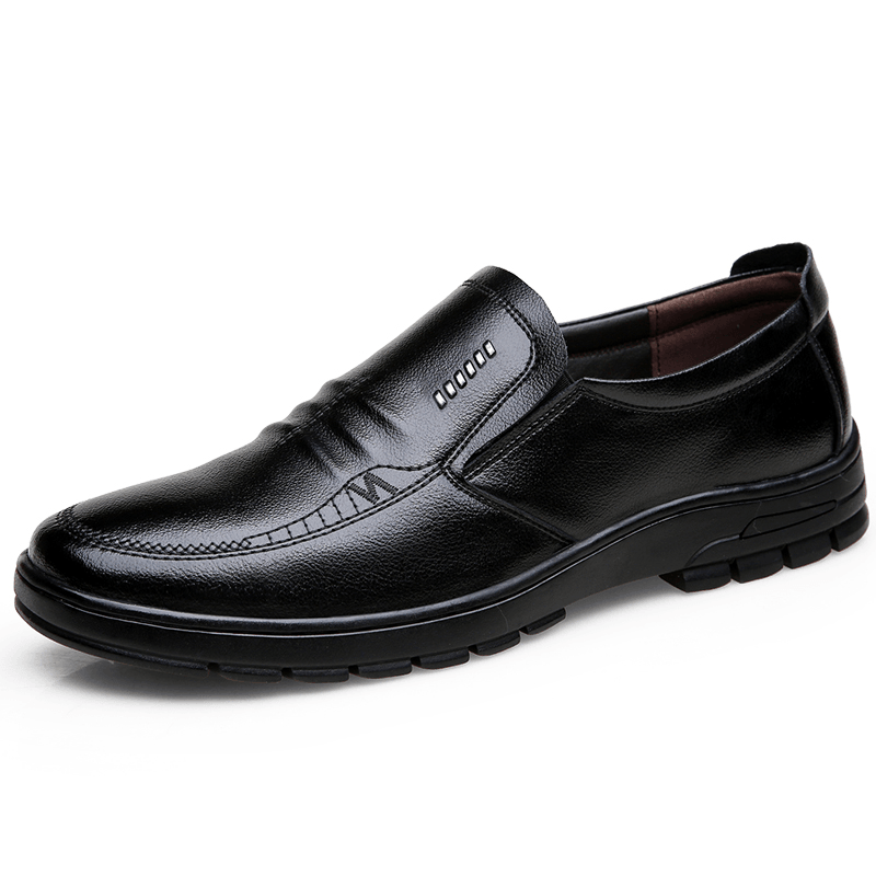 lovevop Men Cowhide Leather Soft Bottom Slip on Warm Lining Comfy Dress Casual Business Shoes