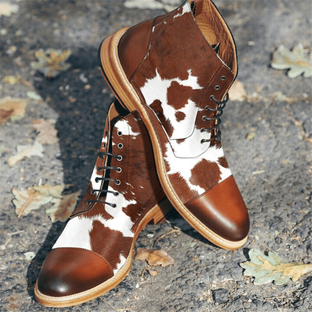 lovevop Men Cow Spot Printed Cap Toe Comfy Ankle Jack Boots